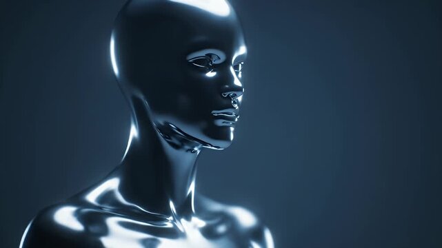 Metallic silver robot head in dark environment