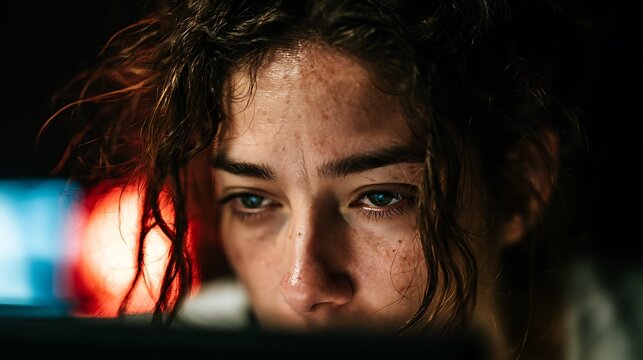 Prompt: A raw emotional portrait of a burnt-out female accountant staring blankly at a glowing computer screen. Detailed close-up of her fatigued face, messy hair, and smudged makeup under harsh 