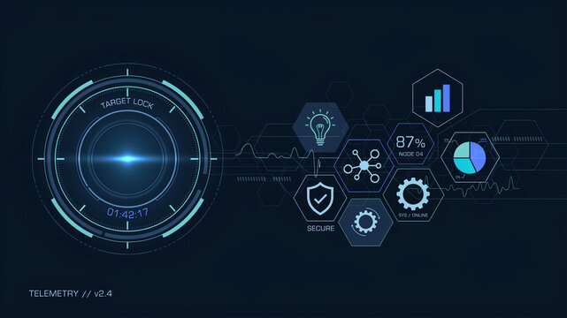 Futuristic digital dashboard interface with data visualization charts and telemetry hud elements in blue and green neon glowing style