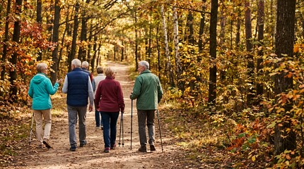 Fototapeta premium Active seniors hiking together on a trail in a vibrant fall woodland.
