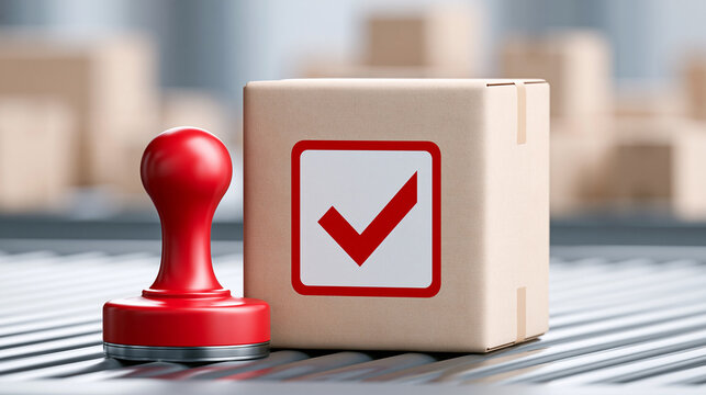 Quality control stamp on a package in a busy distribution center, certification, final inspection