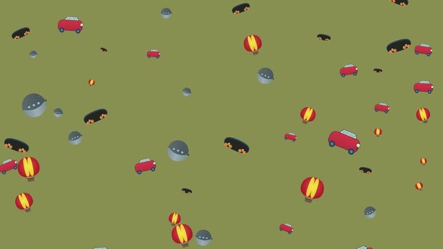 Animated flat vector elements of red cars and hot air balloons motion
