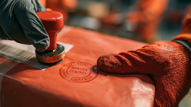 Quality control stamp on a package in a busy distribution center, certification, final inspection