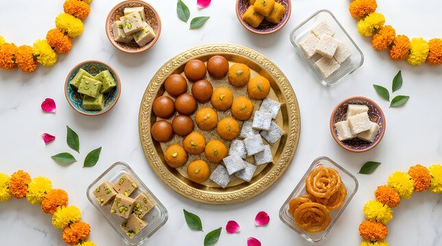 Top view of traditional indian sweets and marigold flowers arranged for the festive celebration of durga puja