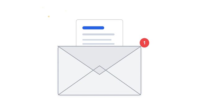 Video motion graphic envelope icon with notification badge. Flat design email symbol, mail message app interface user ui element. Digital communication notification symbol. Animated white letter