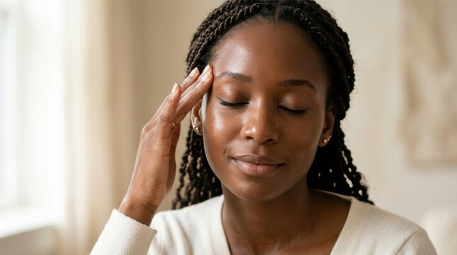 Stressed African American woman massaging her temple experiencing a migraine headache or mental exhaustion for healthcare wellness and corporate burnout advertising campaigns