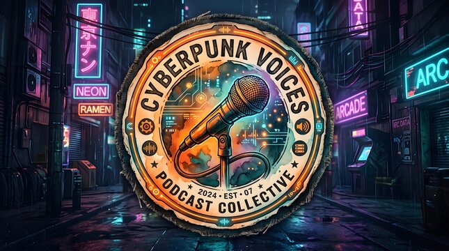 Cyberpunk Voices podcast collective logo, futuristic neon city alley background, sci-fi microphone emblem for digital broadcasting and audio streaming