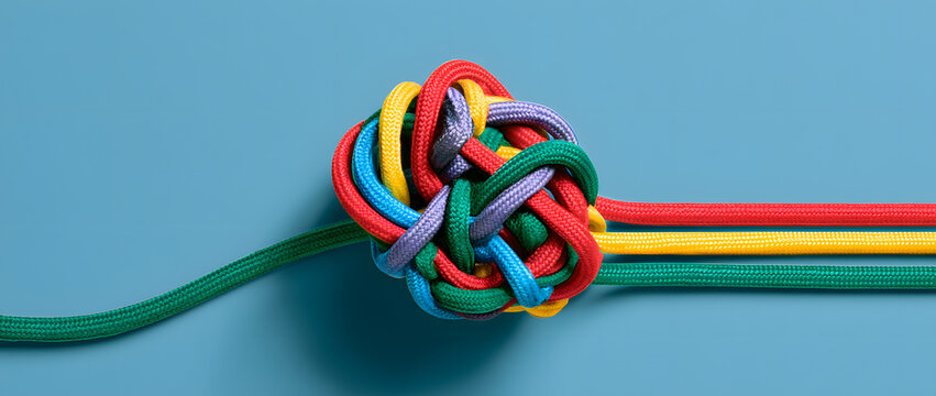 Muddled tangle of multicolored cords separating into discrete strands illustrating intricacy to clarity, order from disorder and structured resolutions.