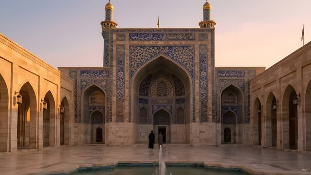 Beautiful Islamic Mosque Courtyard with Fountain and Arches at Sunset.