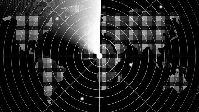 White radar screen display with concentric circles and a single white target dot scanning across a black background, animated hood world map sonar target tracking display.