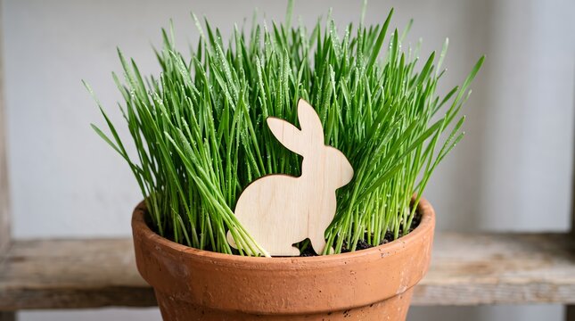 A small wooden rabbit decoration nestled inside a terracotta pot filled with fresh green grass for a festive spring and easter home display