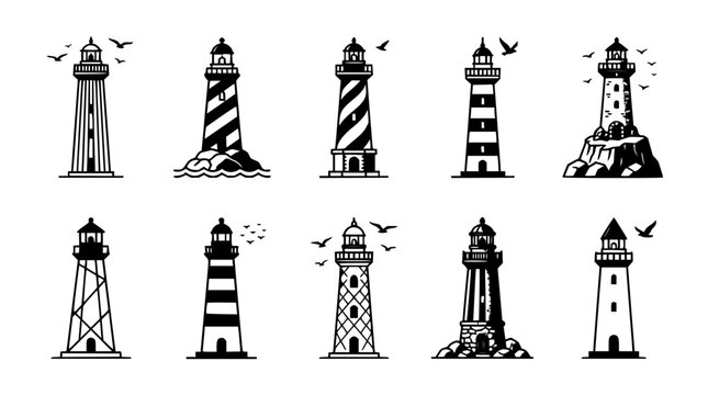 Lighthouse set with black and white illustration featuring coastal landmark, beacon tower, and maritime symbol with minimalist design and vintage style