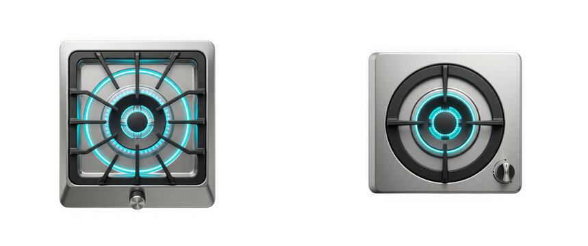 Modern stainless steel gas stove burners with blue flame isolated on transparent background