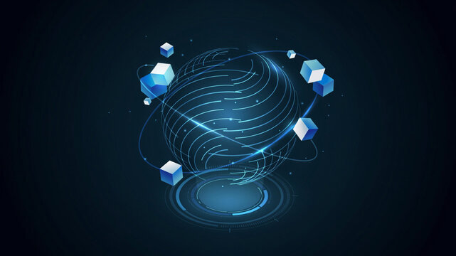 Abstract digital globe with floating blue cubes and glowing lines on dark background