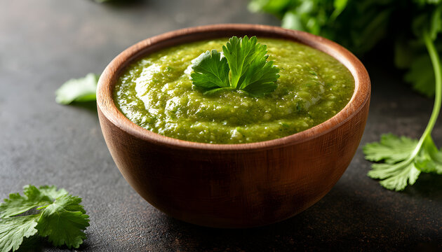 A verdant salsa verde rests in a brown wooden bowl on a dark surface. Fresh cilantro leaves decorate the spicy vegetable dip crafted with jalapeno peppers. Homemade Mexican sauce imparts a natural tas