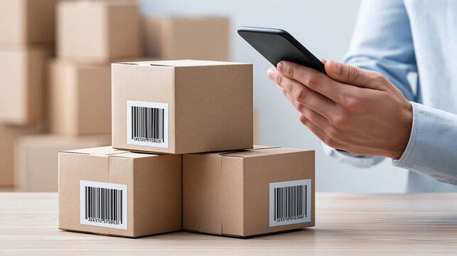 Worker scanning barcodes on products before shipment for quality tracking, traceability, inventory and QC