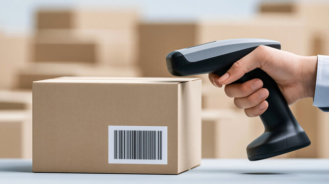 Worker scanning barcodes on products before shipment for quality tracking, traceability, inventory and QC