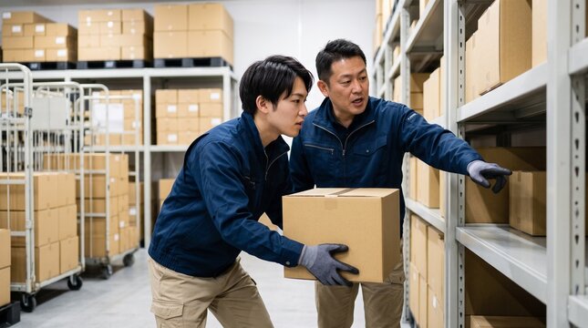 物流倉庫でピッキングのOJT指導を行う日本人男性の物流作業員