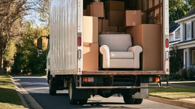 Moving truck loaded with cardboard box and armchair parked on suburban street in bright daylight for relocation and transport concept