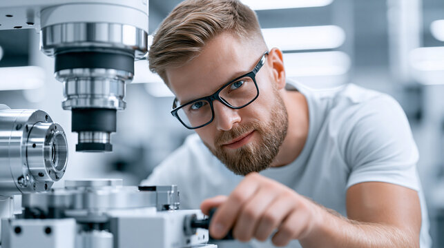 Technician checking product alignment with a laser level on a manufacturing floor, precision alignment, accuracy in production