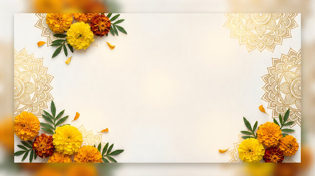 Elegant festive background with marigold flowers and traditional patterns for durga puja celebration and indian cultural greeting cards