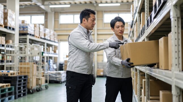 物流倉庫でピッキングのOJT指導を受ける日本人男性の物流作業員