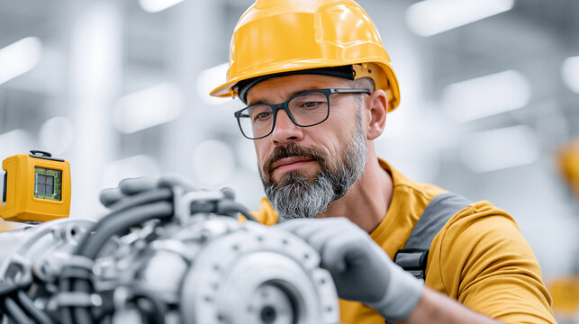 Technician checking product alignment with a laser level on a manufacturing floor, precision alignment, accuracy in production