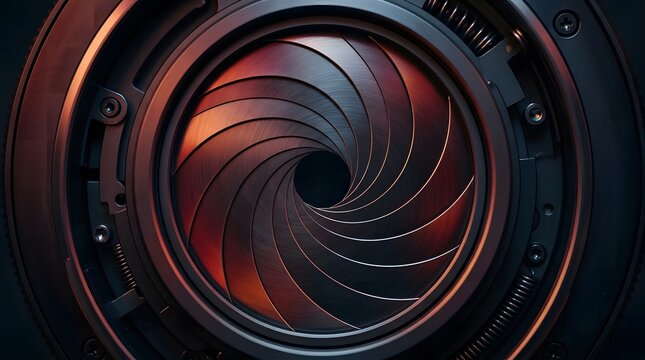 Abstract close up view of a mechanical camera lens aperture with dark metallic blades and red lighting
