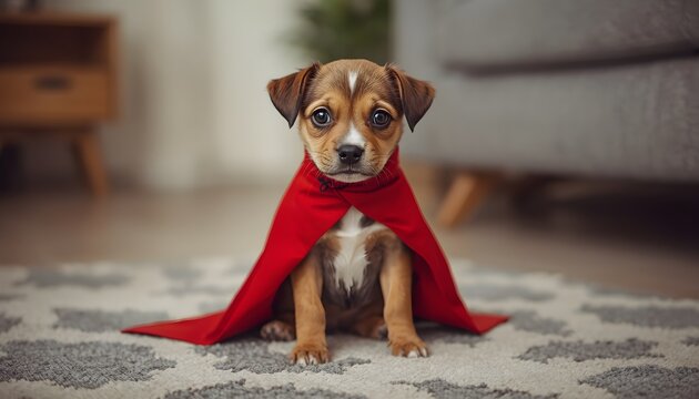 Small cute puppy wearing red cape sits on rug indoors. Adorable dog looks at camera with soulful eyes. Pet is dressed as hero, feeling warm and safe at ...