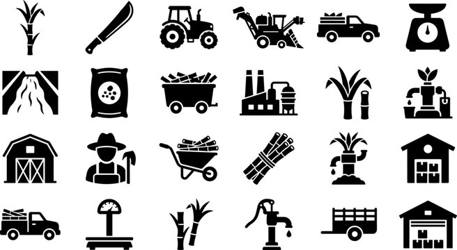 Set of sugar cane industry and agriculture black vector icons.