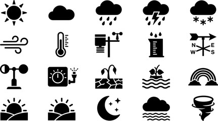 Obraz premium Set of weather and climate icons in black silhouette style.