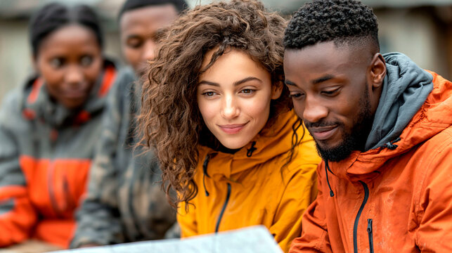 Diverse young friends exploring map together during outdoor adventure planning travel route with teamwork and connection
