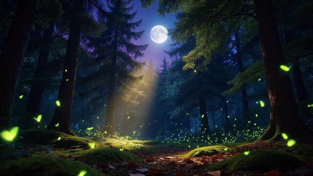 Moonlit forest with glowing fireflies