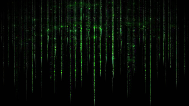 Abstract digital matrix background with glowing green vertical binary code lines and data streams