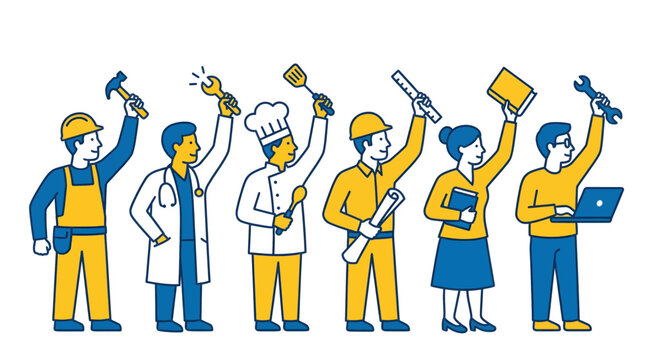 Group of Diverse Professionals Holding Up Their Work Tools and Equipment Concept