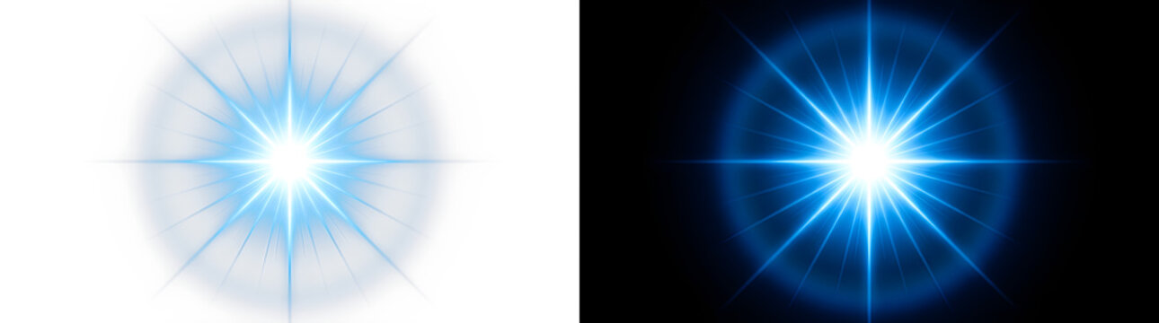Bright blue star burst radial light flare effect PNG overlay element transparent background