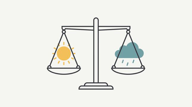 Linear Illustration of a Balance Scale Weighing Sun and Rain Cloud
