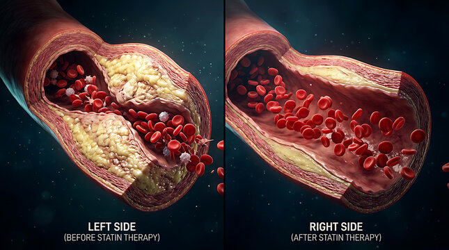 detailed visualization of arterial plaque breakdown showcasing effects of statin therapy on blood vessel health