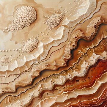 Artistic depiction of human stomach rugae folds lined gastric cells a top down aerial view showing the mountainous landscape of the gastric mucosa warm terracotta and ivory food anatomy fine art