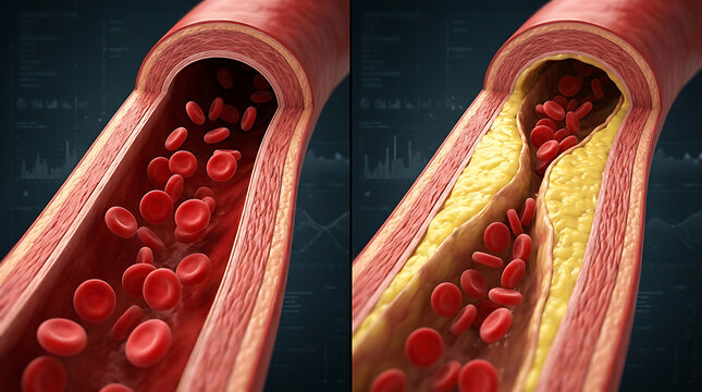 Detailed visualization of arterial plaque buildup and intervention for blood flow restoration in a human artery