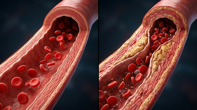 Detailed cross-section of a human artery showing blood flow and plaque buildup illustrating cardiovascular health