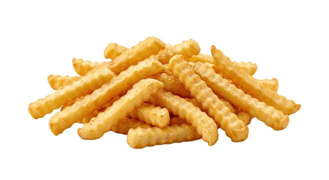 A pile of golden crinkle cut french fries isolated on white background high quality 4K PNG image in white background