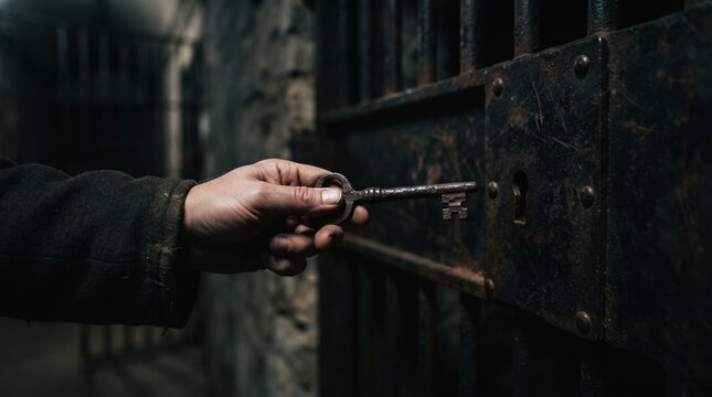 Old Iron Key in Hand Blurred Prison Cell Door