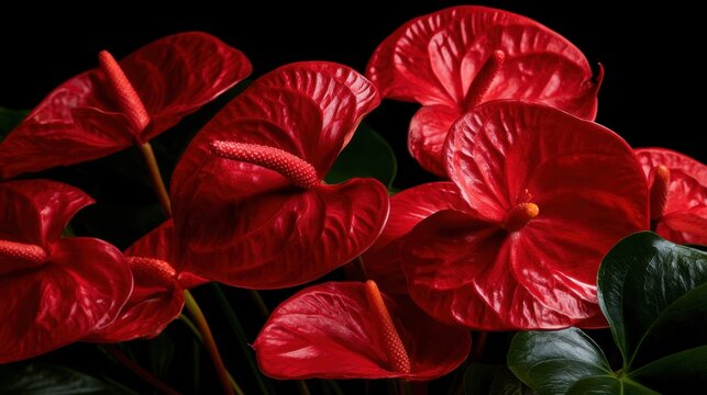 Close-up of vivid red tropical flower with glossy heart-shaped petals and prominent spadix surrounded by dark green leaves in dramatic lighting for botanical nature concept
