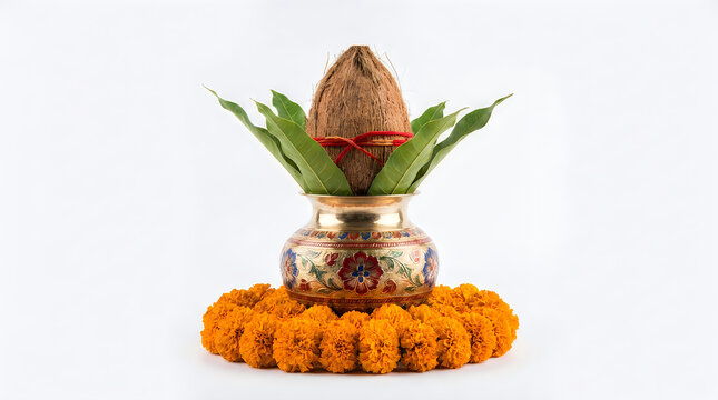 Traditional kalash with coconut and mango leaves used for durga puja rituals on a white background