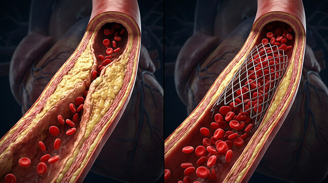 Detailed visualization of arterial plaque formation and medical intervention using vascular stent placement image