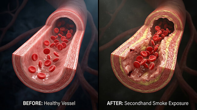 Detailed comparison of healthy and damaged blood vessels illustrating effects of secondhand smoke exposure