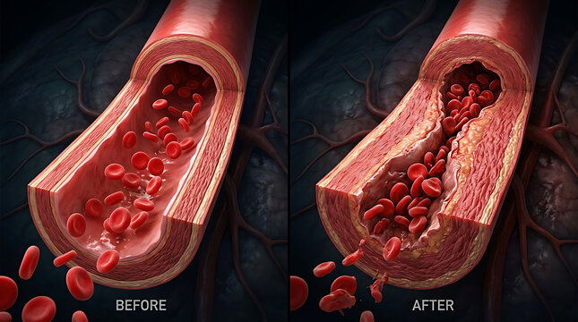 Detailed cross-sectional illustration of blood flow in an artery depicting plaque buildup and removal showcasing cardiovascular