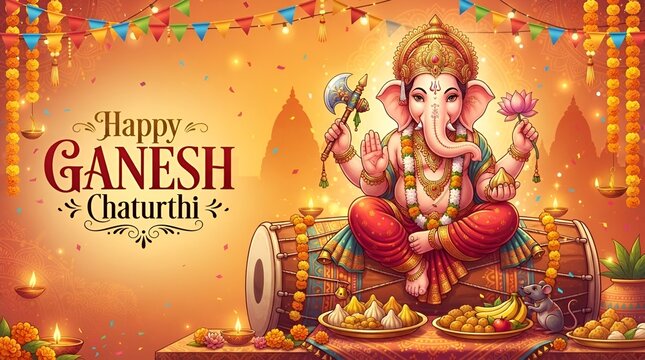 Happy ganesh chaturthi with god ganesha and offerings