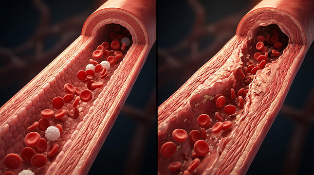 Detailed illustration of a blood vessel with cellular components and plaque formation highlighting vascular health
